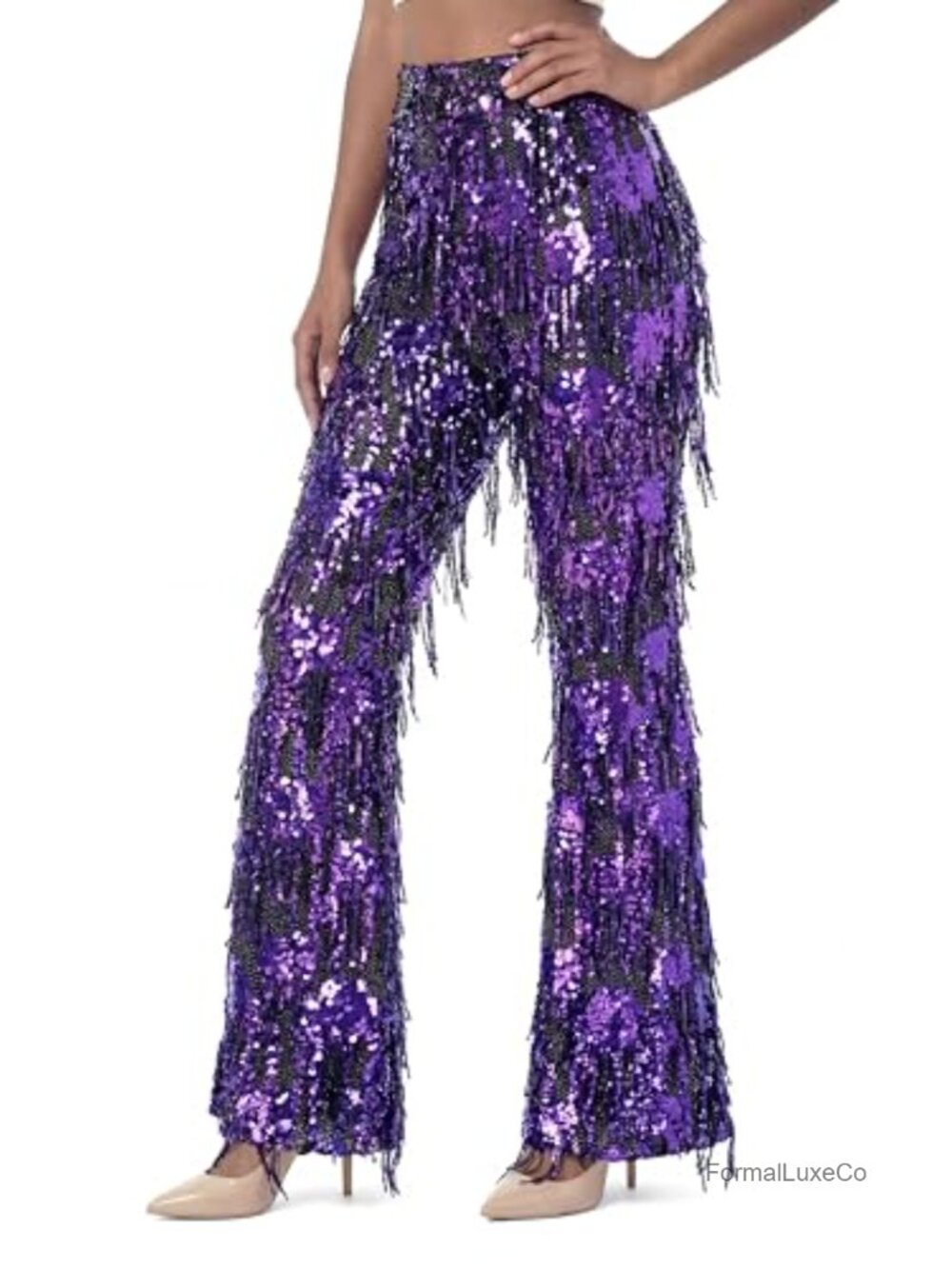 Sequin Flare Pants High Waisted Bell Bottom Fringe Clubwear Trousers